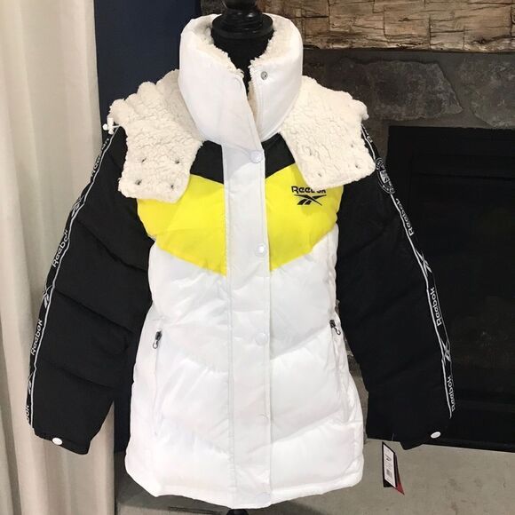 NWT Reebok Women's Puffer Jacket, Medium, White, Black, & Yellow - Picture 1 of 14